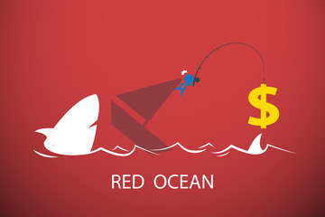 businessman fishing dollar symbol in red ocean, business concept