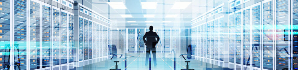 Silhouette Man In Data Center Room Hosting Server Computer Information Database Flat Vector Illustration