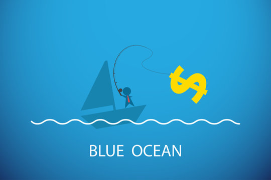 businessman fishing dollar symbol in blue ocean, business concept