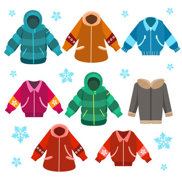 Colorful winter jackets flat isolated on white background, vector illustration