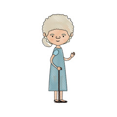color crayon silhouette of full body elderly woman in walking stick with dress and curly side bun hairstyle