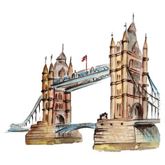 Fototapeta na wymiar Watercolor London illustration. Great Britain hand drawn symbols: red phone booth, Big Ben clock, flag of Great Britain, Tower Bridge. Aquarelle elements for background, texture, wrapper pattern.