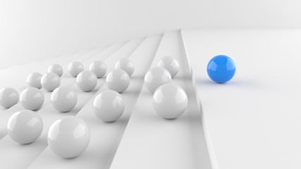 Leadership concept, blue leader ball with whites go up the steps, on white background. 3D Rendering.