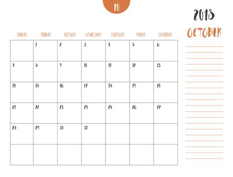 Vector of calendar 2018 ( october ) in simple clean table style with note line in earth tone color theme,full size 21 x 16 cm,Week start on Sunday