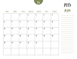 Vector of calendar 2018 ( may ) in simple clean table style with note line in earth tone color theme,full size 21 x 16 cm,Week start on Sunday. - obrazy, fototapety, plakaty