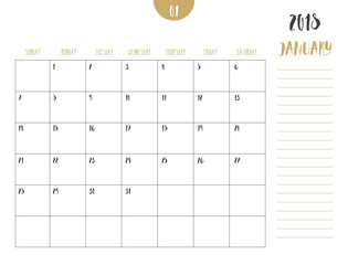 Vector of calendar 2018 ( january ) in simple clean table style with note line in earth tone color theme,full size 21 x 16 cm,Week start on Sunday