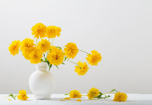 Yellow Flowers In Vase On White Background