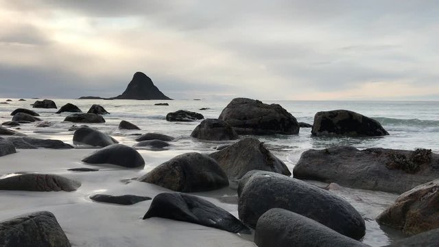On the beach in Bleik, Lofoten island, Norway. Puffins island. Nature reserve.