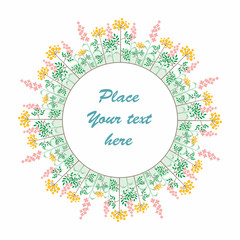 Round frame with a picture of autumn flowers and plants. Vector background.