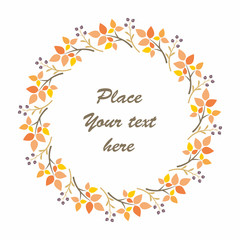 Autumn round frame with image of branches and leaves. Vector background.