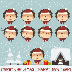 Merry christmas and Happy new year! Set face hedgehog for christmas decoration and new year design. Collection isolated heads of hedgehog in cartoon style.