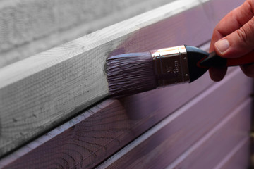 Selective colour image of wood being stained with a paintbrush