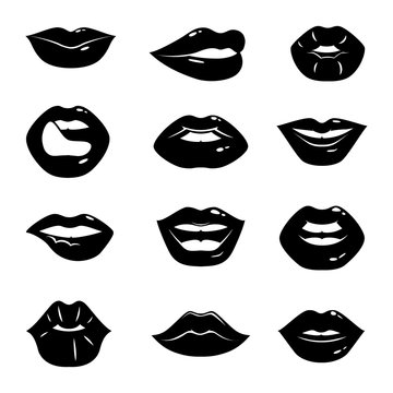 Monochrome illustrations of beautiful and glossy female lips isolated on white background