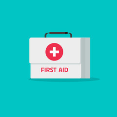 Fototapeta na wymiar First aid kit isolated vector illustration, flat cartoon medical or pharmacy emergency kit icon, physician or healthcare bag pack idea, medic box