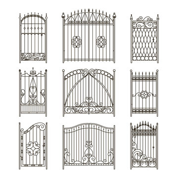 Iron gates with decorative elements. Vector monochrome pictures set