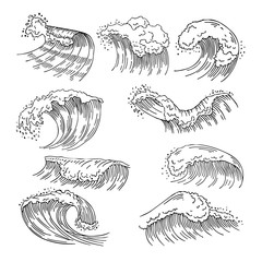 Marine illustrations of water splashes and big waves. Vector hand drawn pictures