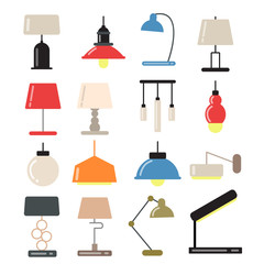 Chandeliers, modern lamps on desk and floor in light interior. Vector illustrations in flat style