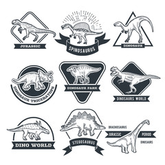 Monochrome grunge labels set with different dinosaurs