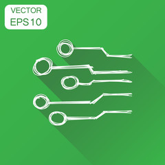 Hand drawn circuit board icon. Business concept technology scheme pictogram. Vector illustration on green background with long shadow.