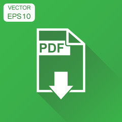 PDF format download icon. Business concept pdf pictogram. Vector illustration on green background with long shadow.