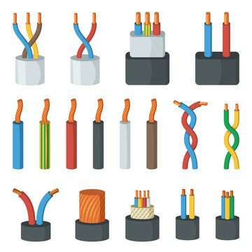 Electrical cable wires, different amperage and colors. Vector illustrations in cartoon style