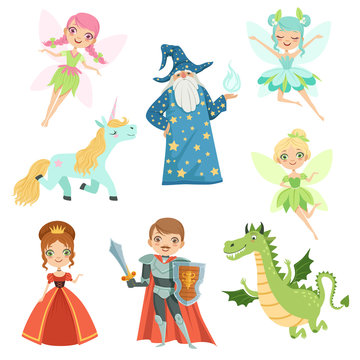Fairytale characters set in different costumes. Princess, funny unicorn. Wizard, dragon and knight. Vector illustrations in cartoon style