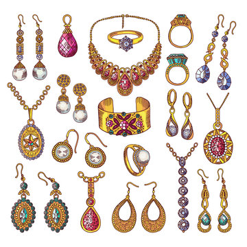 Colored hand drawn pictures of luxury vintage jewelry