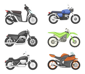 Obraz premium Different types of motorcycles. Vector set illustrations in cartoon style
