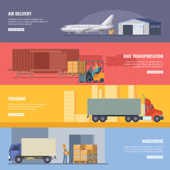 Horizontal banners of delivery or logistics services. Trucking industry. Fast transportation. Vector illustrations in cartoon style