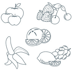Cute vector illustration of organic fruits and berries.  Healthy eating vector concept.