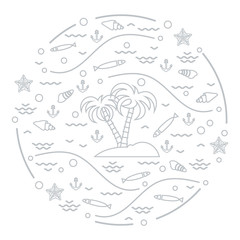 Cute vector illustration with fish, island with palm trees, anchor, waves, seashells, starfish,  arranged in a circle.