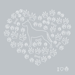 Nice picture of great dane silhouette on a background of dog tracks and bones in the form of heart.