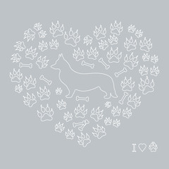 Nice picture of Welsh Corgi Pembroke silhouette on a background of dog tracks and bones in the form of heart.