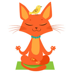 Meditating Yoga Cat Vector. Funny Cartoon Cat Practicing Yoga. Join In Yoga Session. Cute Cartoon Cat In Yoga Lotus Pose. Meditation Session Vector.