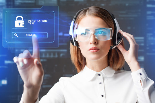 Business, Technology, Internet And Network Concept. Technology Future. Young Businesswoman Working In Virtual Glasses, Select The Icon PENETRATION TEST On The Virtual Displa