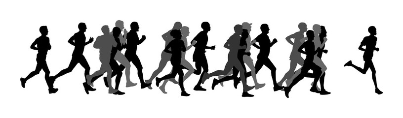 Fototapeta na wymiar Group of marathon racers running. Marathon people vector silhouette illustration. Healthy lifestyle women and man. Traditional sport race. Urban runners on the street. Team building concept. 