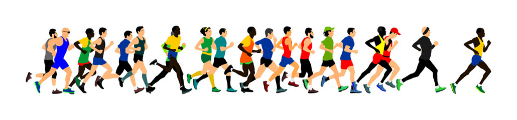 Fototapeta na wymiar Group of marathon racers running. Marathon people vector illustration. Healthy lifestyle women and man. Traditional sport race. Urban runners on the street. Team building concept.
