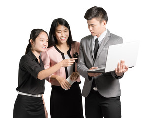 portrait of young business woman and business man using a notebook computer for presentation. Isolated on white background with copy space