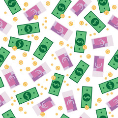 Seamless money pattern with many euro and dollar currency signs on white background. Paper banknotes and coins in chaotic manner. Flat hand draw style