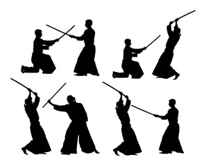 Fight between two aikido fighters vector silhouette symbol illustration. Sparring on training action. Self defense, defence art exercising concept. - obrazy, fototapety, plakaty