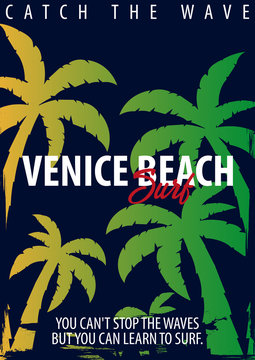 Venice Beach Surfing graphic with palms. T-shirt design and print.