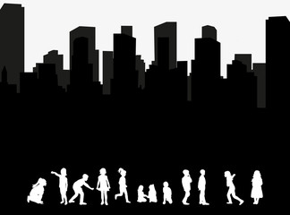  isolated silhouette group of children playing on city background