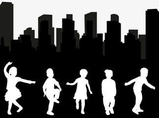 silhouette group of children playing on city background
