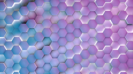 Hexagon textures with blue and purple light. 3D render