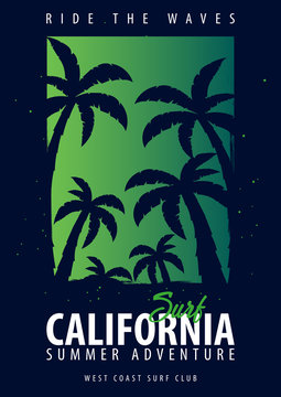 California Surfing graphic with palms. T-shirt design and print.