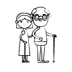 blurred silhouette of full body elderly couple in walking stick grandmother bow lace and straight short hairstyle in dress and grandfather with beard and glasses