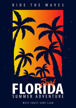 Florida Surfing graphic with palms. T-shirt design and print.