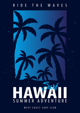 Hawaii Surfing graphic with palms. T-shirt design and print.