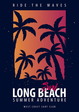 Long Beach Surfing graphic with palms. T-shirt design and print.
