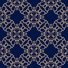 Seamless dark blue pattern with golden wallpaper ornaments